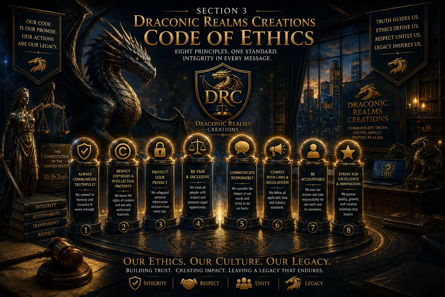 Section 3 artwork: eight glowing pillars representing the ethical principles, with a dragon and Lady Justice