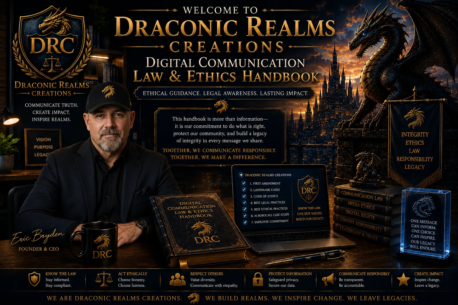 Draconic Realms Creations Digital Communication Law and Ethics Handbook cover: Eric Bryden, Founder and CEO, in a black DRC cap with the gold dragon emblem, seated at his desk with the handbook, DRC crest, and cinematic dragon branding