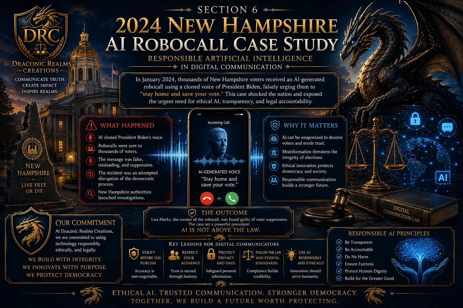 Section 6 artwork for the 2024 New Hampshire AI robocall case study, showing what happened, why it matters, and the outcome