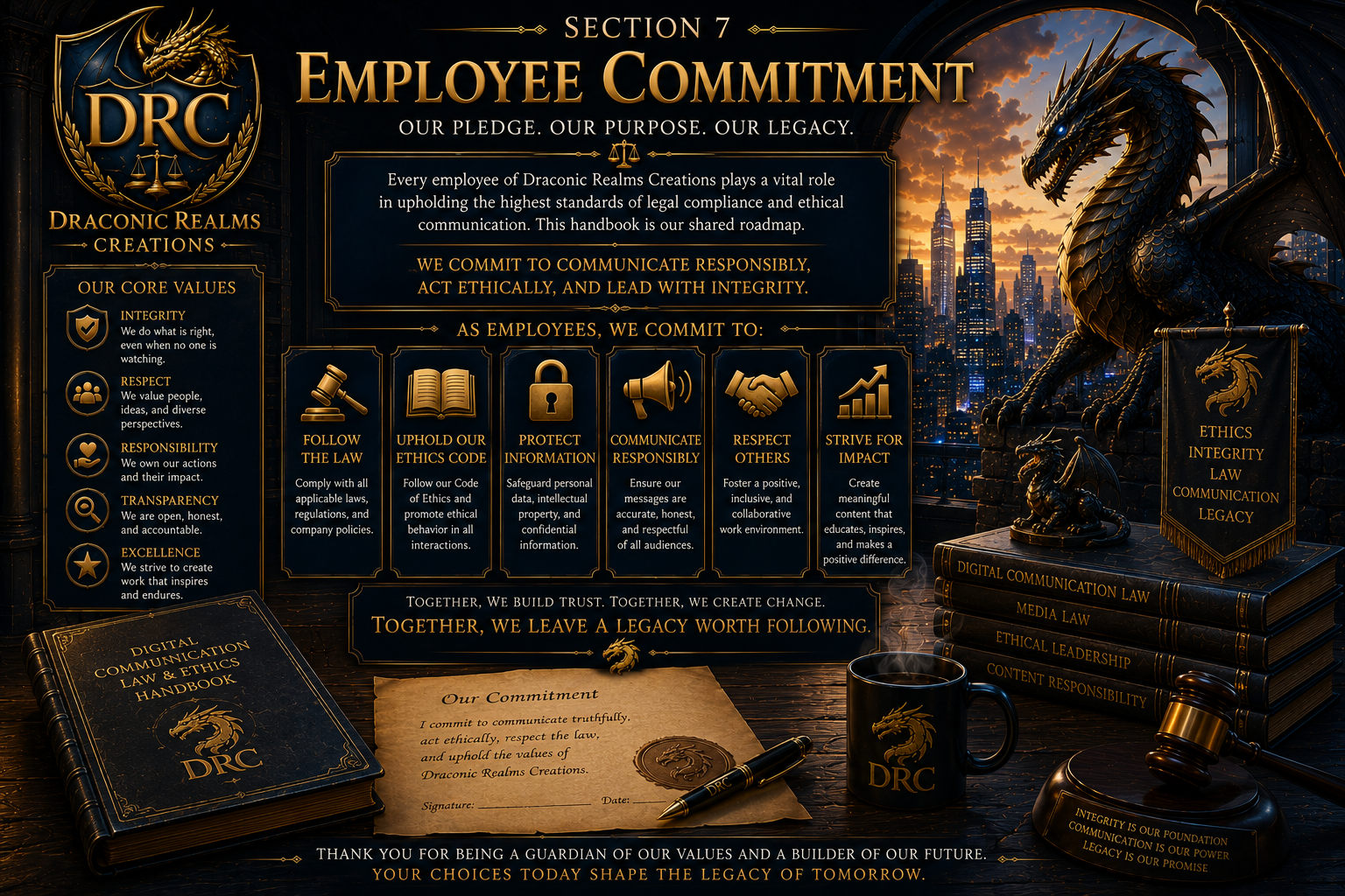 Section 7 artwork: the Draconic Realms Creations employee commitment scene