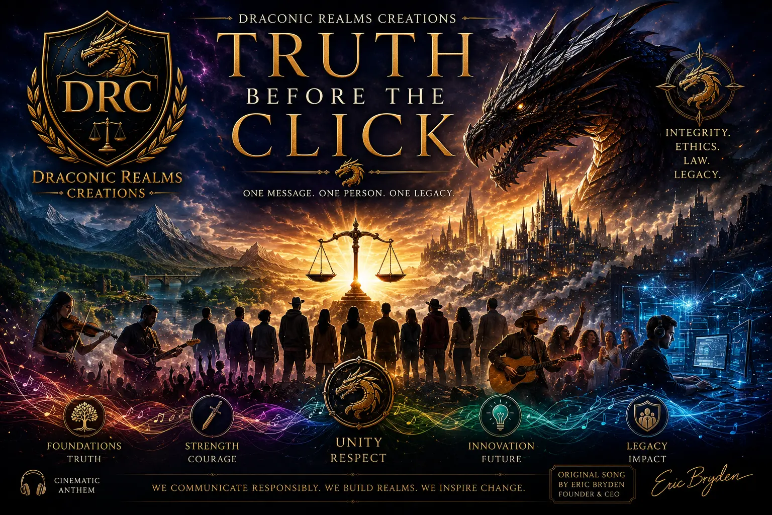 Truth Before the Click cover art with silhouettes facing a sunset city skyline beneath a dragon