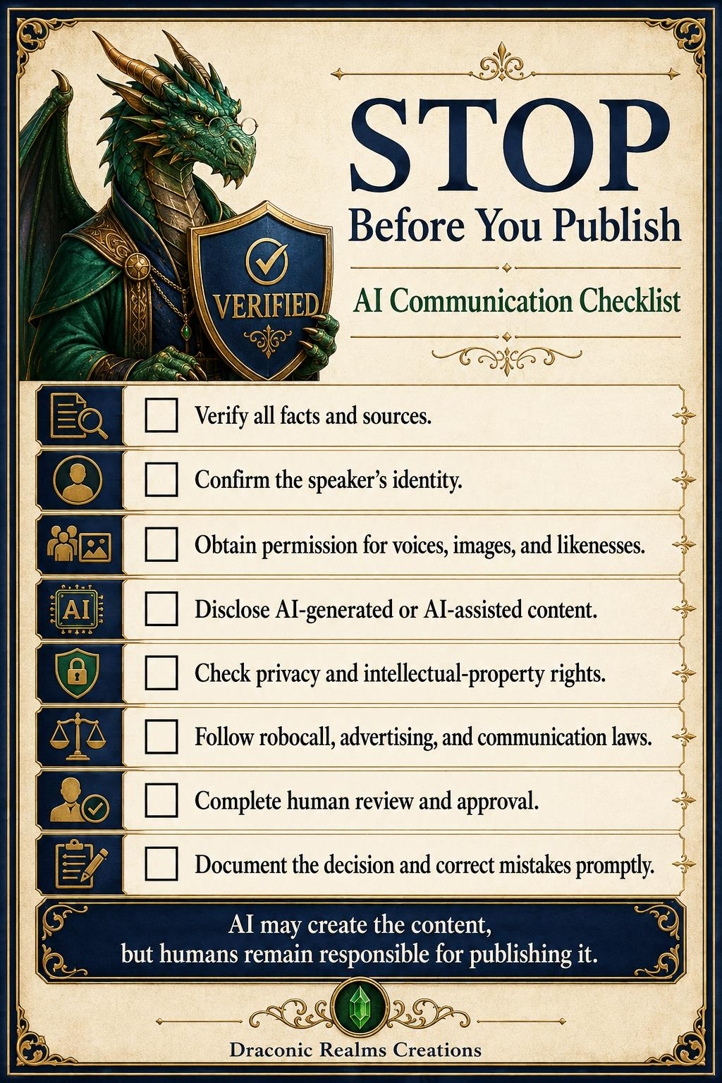 Draconic Realms Creations STOP Before You Publish employee AI communication checklist.